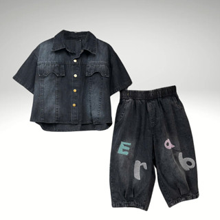 Set Jean Ngố B5 Áo Cổ Đức Khuy Bấm, Quần Ngố Thêu Bom 3D, Thời Trang Nữ, Chất Jean Mềm, 2 Màu Đen Khói & Xanh Rêu, Có Đủ