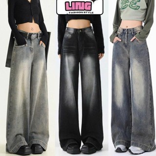 Quần jean ống rộng Retro nữ LINGLING, quần bò nữ wash đen xám smoke dáng suông đứng style Vintage Ulzzang hàn quốc 2025