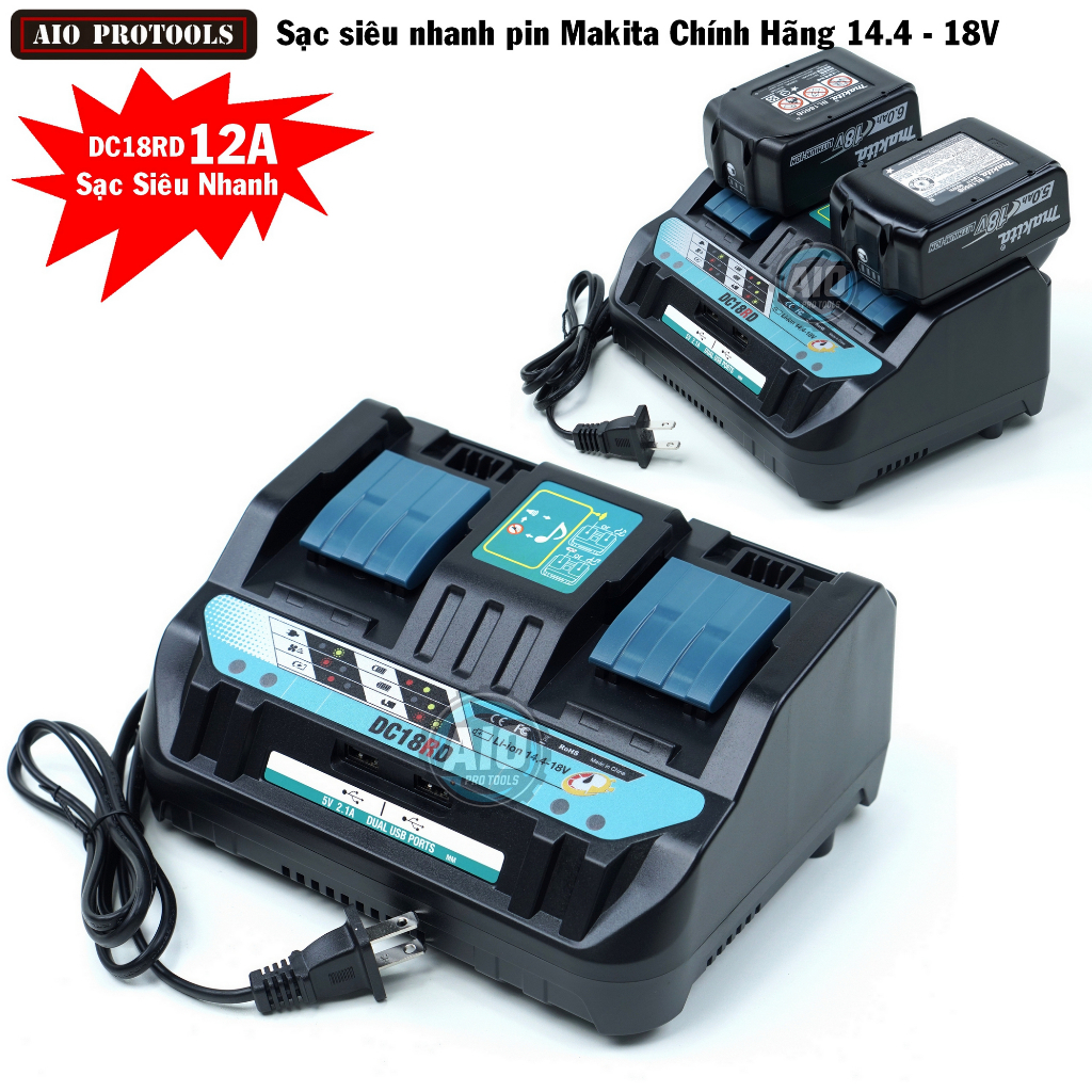DC18RD 12A USB Đế sạc pin siêu nhanh Makita 14.4-18V Đế sạc pin nhận mạch zin pin chính hãng Makita