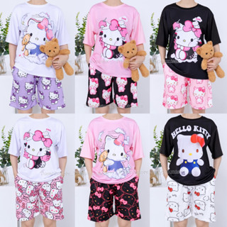 Set bộ quần short lững áo cotton hoạt hình Mèo Hello Kitty Mặc nhóm Đi Biển - Bộ mặc nhà Cartoon form rộng Unisex nam nữ