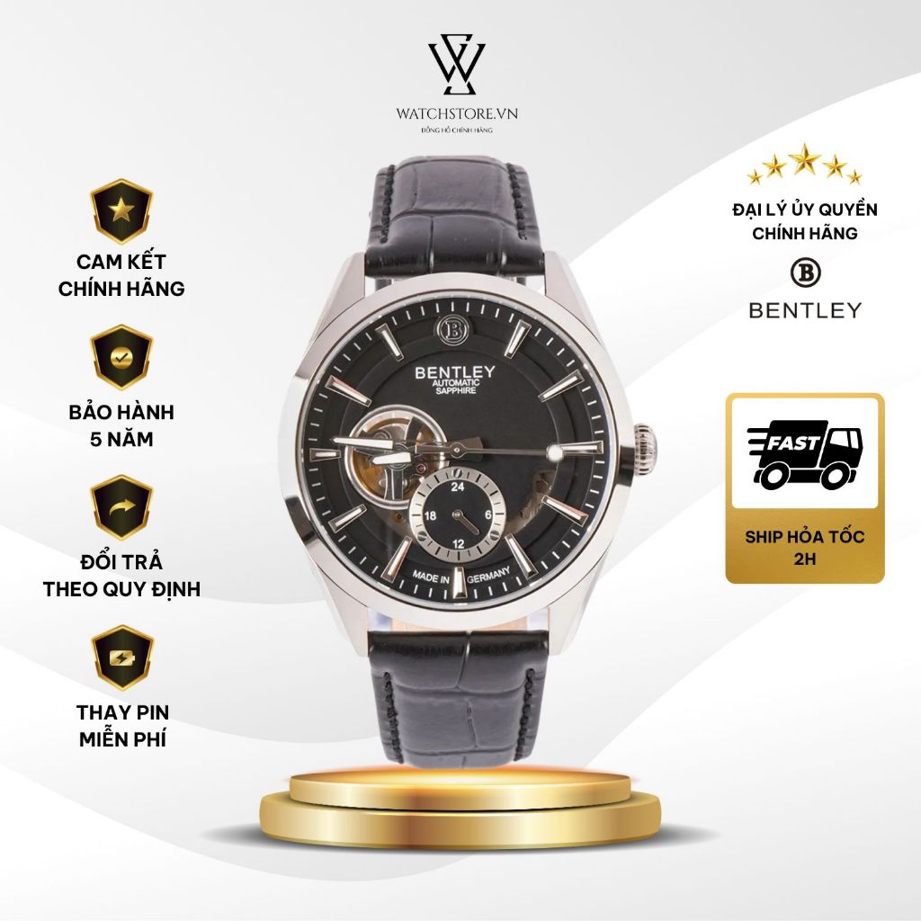 Đồng Hồ Bentley Nam BL1831-25MWBB Máy Cơ / Automatic Kính Sapphire Size Mặt 41mm Dây Da Chính Hãng- 
