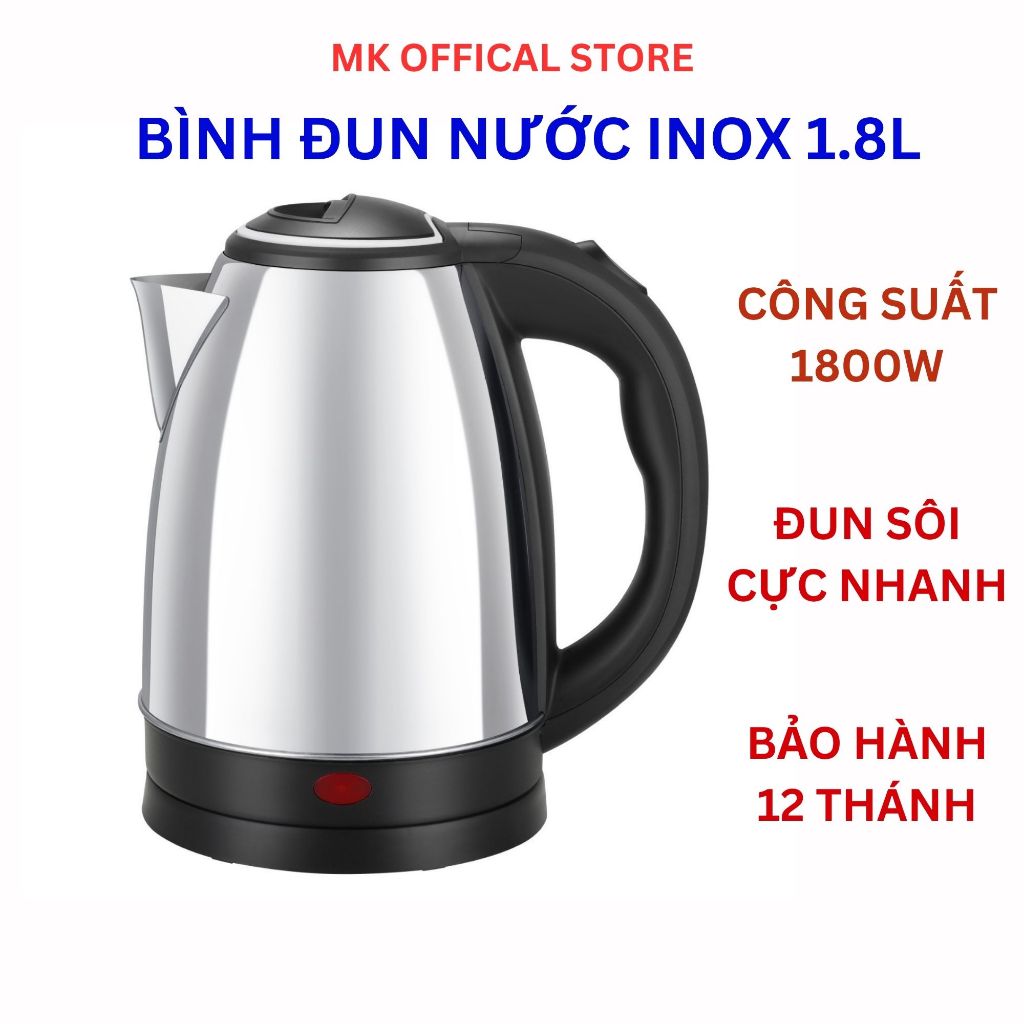 Bình đun siêu tốc Inox 1,8 Lít Electric Kettle chính hãng, ấm đun nước sôi cực nhanh, tự ngắt khi sôi, bảo hành 12 tháng