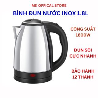 Bình đun siêu tốc Inox 1,8 Lít Electric Kettle chính hãng, ấm đun nước sôi cực nhanh, tự ngắt khi sôi, bảo hành 12 tháng