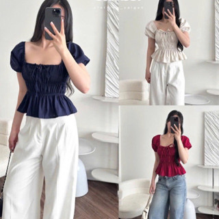 Áo babydoll linen kiểu xinh tay phồng tiểu thư công chúa bo thân nơ coquette ngực xinh xắn Kenco.clothing Sài Gòn M329