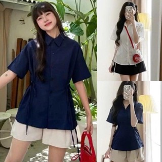 Áo Sơ Mi Nữ  Thắt Nơ 2 Hông Chiết Eo Thời Trang Ngắn Tay 2025