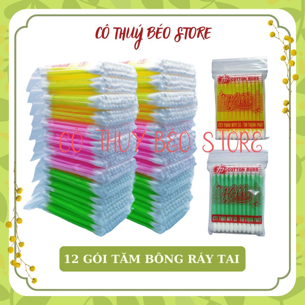 [12 Gói] Combo 12 Gói Tăm Bông Ráy Tai Cao Cấp Hello - Gói Tăm Bông Ngoáy Tai Loại Lớn - Túi Zip Rấy Tai 2 Đầu
