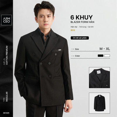 Áo blazer nam nữ ARMCEO 6 khuy form dáng chuẩn Hàn Quốc vải cotton hàn -B03