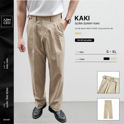 Quần kaki ống rộng cạp cao ARMCEO chất vải kaki Hàn thoáng mát cho cả Hè năng động -AD03