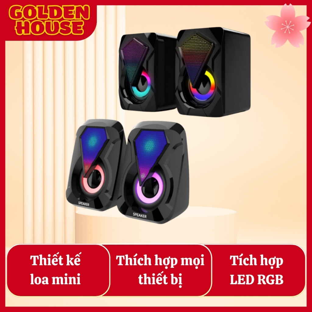 Loa máy tính vi tính mini Golden House LED RGB gaming, loa mini để bàn laptop bass mạnh giá rẻ, thiế