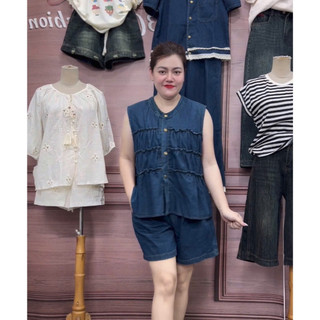   BIGSIZE90kg  Set Bộ Bò Jean Nữ CALY Sát Nách Bèo Tầng bộ bò giấy áo kèm quần mặc thoải mái HOT 