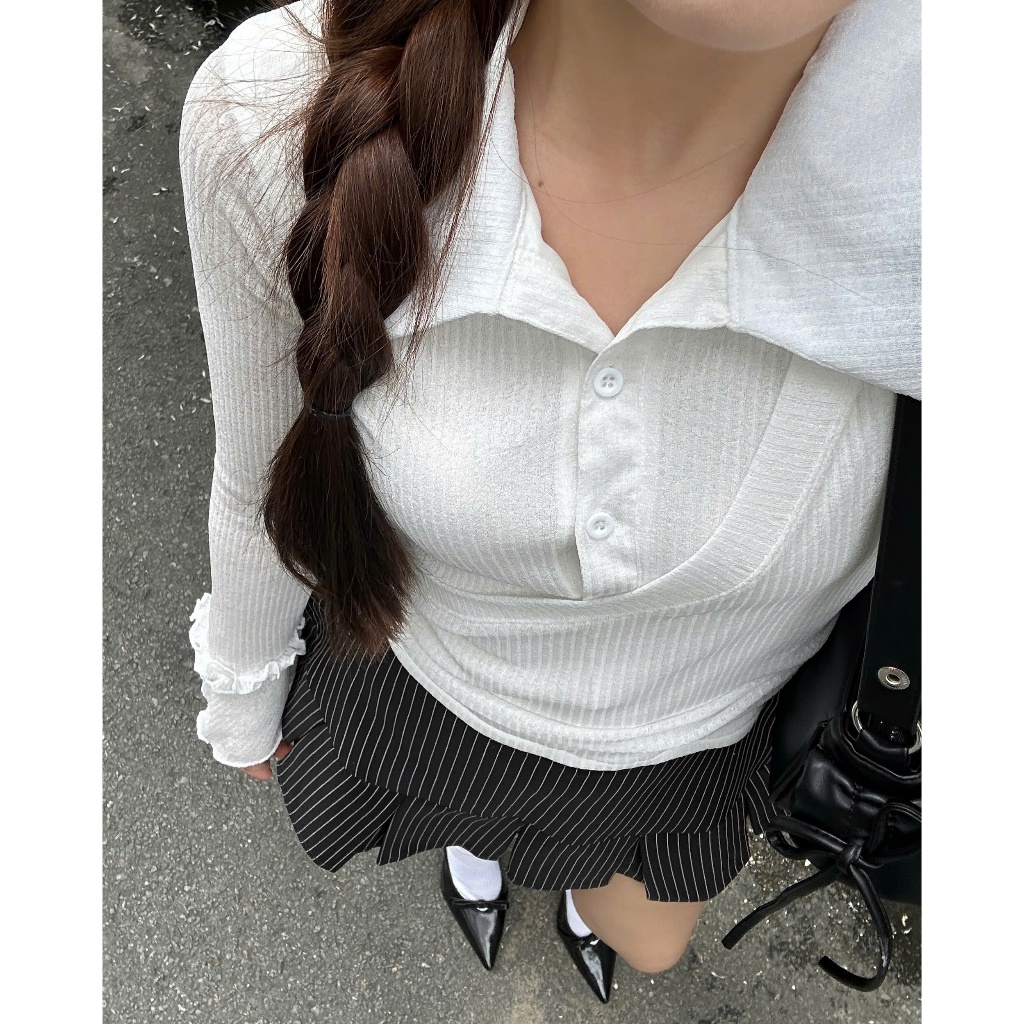 Áo thun sơ mi croptop tay dài bèo JAUNE, TABI TOP