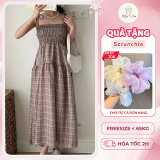 Váy hai dây kẻ buộc nơ vai dáng babydoll phong cách Hàn Quốc, Đầm cộc tay kẻ caro bo chun ngực