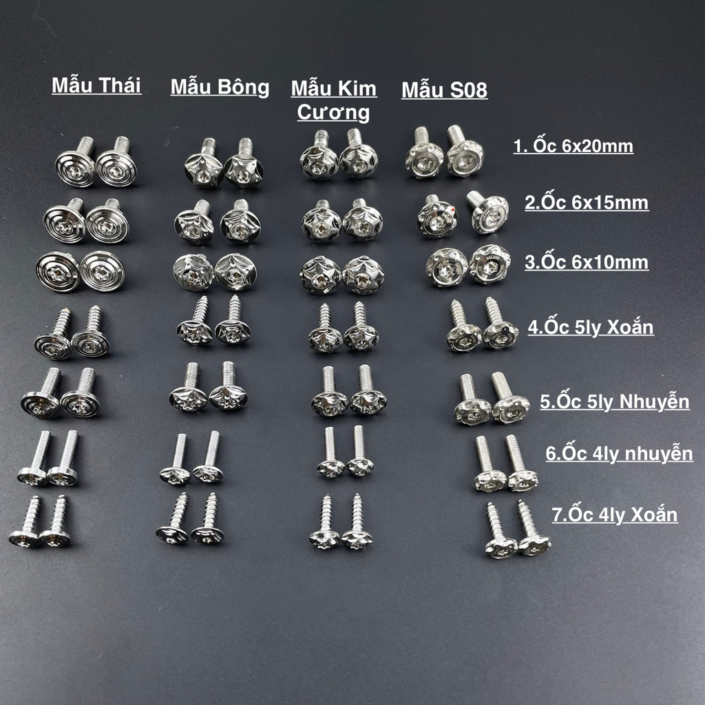 ỐC LẺ SALAYA 4ly, 5ly,6ly CHO DÀN ÁO ỐP PÔ NHIỀU DÒNG XE INOX 304