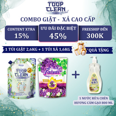 [Combo Giặt Xả] 1 Túi Giặt Thảo Mộc TOOP CLEAN Herbal (2,6 Kg) + 1 Túi Xả Vải Hữu Cơ FAIXAI (1.6 Kg)