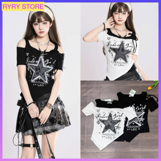 Áo thun nữ croptop lệch vai in hình ngôi sao phong cách Y2K cá tính