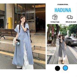 Đầm Dài Caro Nữ Vintage Phối Chân Váy Ren Trắng – Váy Maxi Dáng Suông Tay Ngắn Kẻ Sọc Mùa Hè 2025