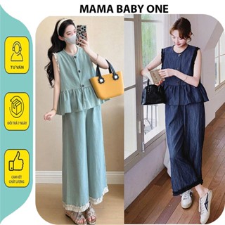 Set bộ đồ bầu thời trang siêu hot mùa hè 2025 thiết kế áo baby doll sát nách tay bèo phối quần ống rộng vải bò lụa X358