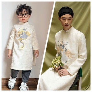 Áo dài bố và bé trai mặc Trung thu, Tết 2025, áo dài bé trai, vải gấm thêu rồng - màu kem -Thu Hà Silk -TH25.707
