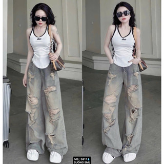 ( S - 2XL ) Quần jeans suông, Quần Jeans Nữ Lưng cao - Rách - Bụi. Full 5 size. Chất jean cotton mềm nhẹ không giản.5817