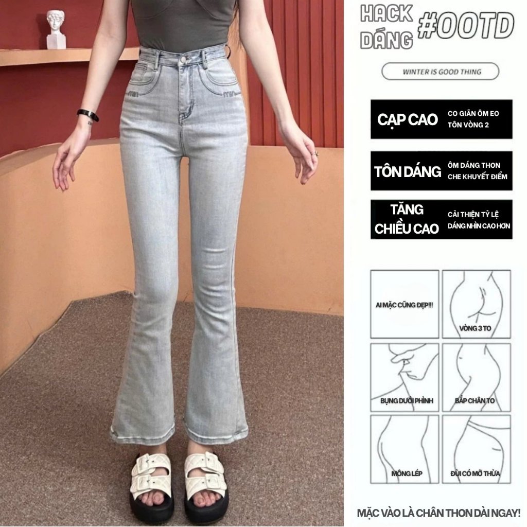 [ZINLY SHOP] Quần Jean Nữ Ống Loe Fom Ngắn Và Dài Cạp Cao Màu Nhạt Túi Thêu Chữ Nổi Vải Co Giản Dẽo 