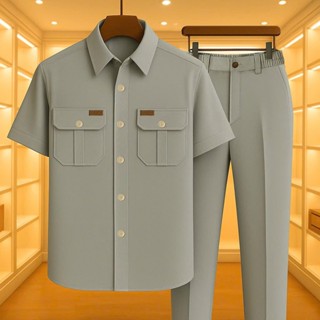 Bộ đồ nam trung niên 2 túi nắp sang trọng [BO2TUI] Set quần áo sơ mi chất liệu cao cấp mịn mát thoáng khí