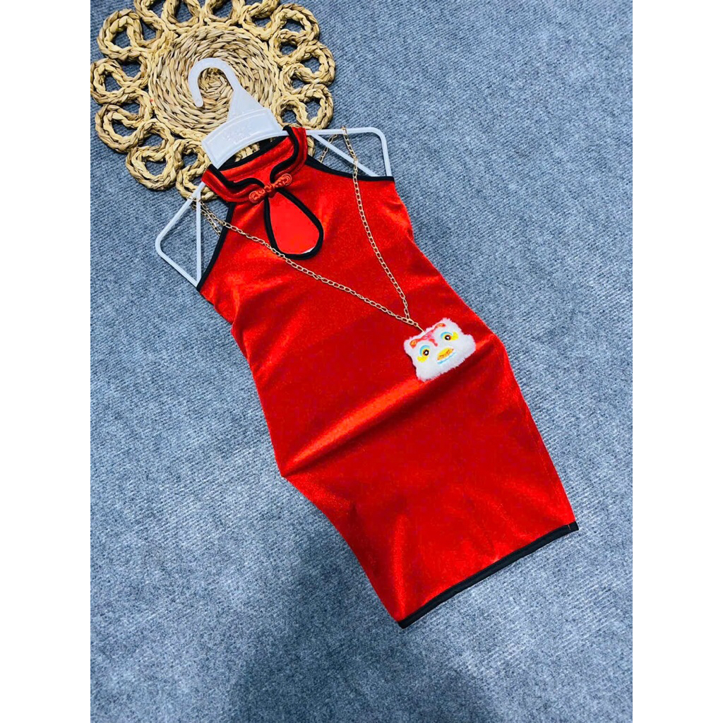 Sườn xám nhung thun,không tay (kèm ông lân  cho bé gái)