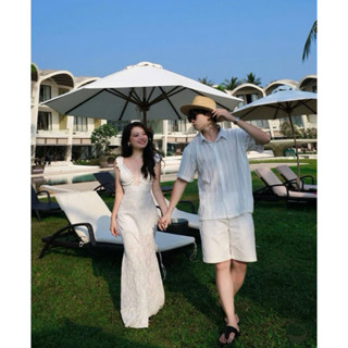 Sét Couple Váy Trắng Xẻ Ngực Thiết Kế Mix Áo Sơmi Tay Ngắn Lưới Phong Cách Sang Chảnh, Sét Cặp Đôi Đi Biển Siu Xinh