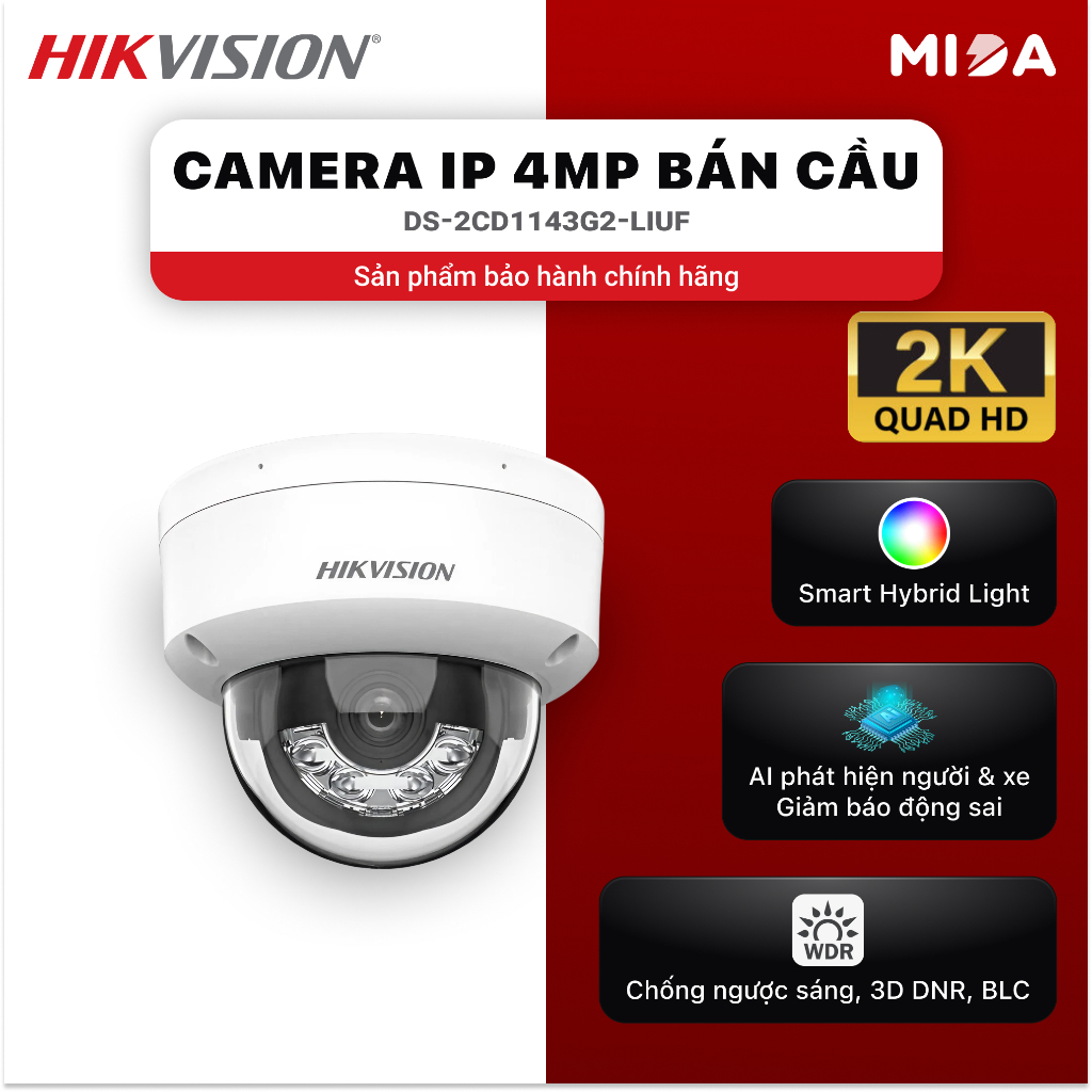 Camera IP Bán Cầu Hikvision DS-2CD1143G2-LIUF 4MP - Tích Hợp Micro, Đèn Chiếu và AI thông minh
