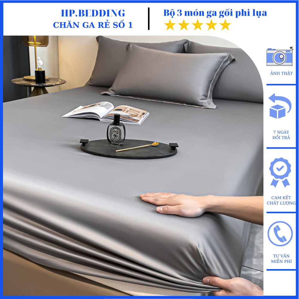 Bộ ga gối phi lụa bo chun, Set ga gối 3 món phi lụa, vải phi lụa thoáng mát màu đơn sắc trang nhã