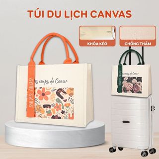 Túi cói du lịch vải canvas có khóa kéo chống thấm họa tiết vintage đựng đồ quần áo đồ makeup đi biển