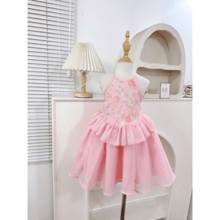 Yếm trung thu cho bé gái, váy cho bé gái cổ yếm thân kim sa buộc nơ lưng tùng rộng điêu xinh 8-30kg