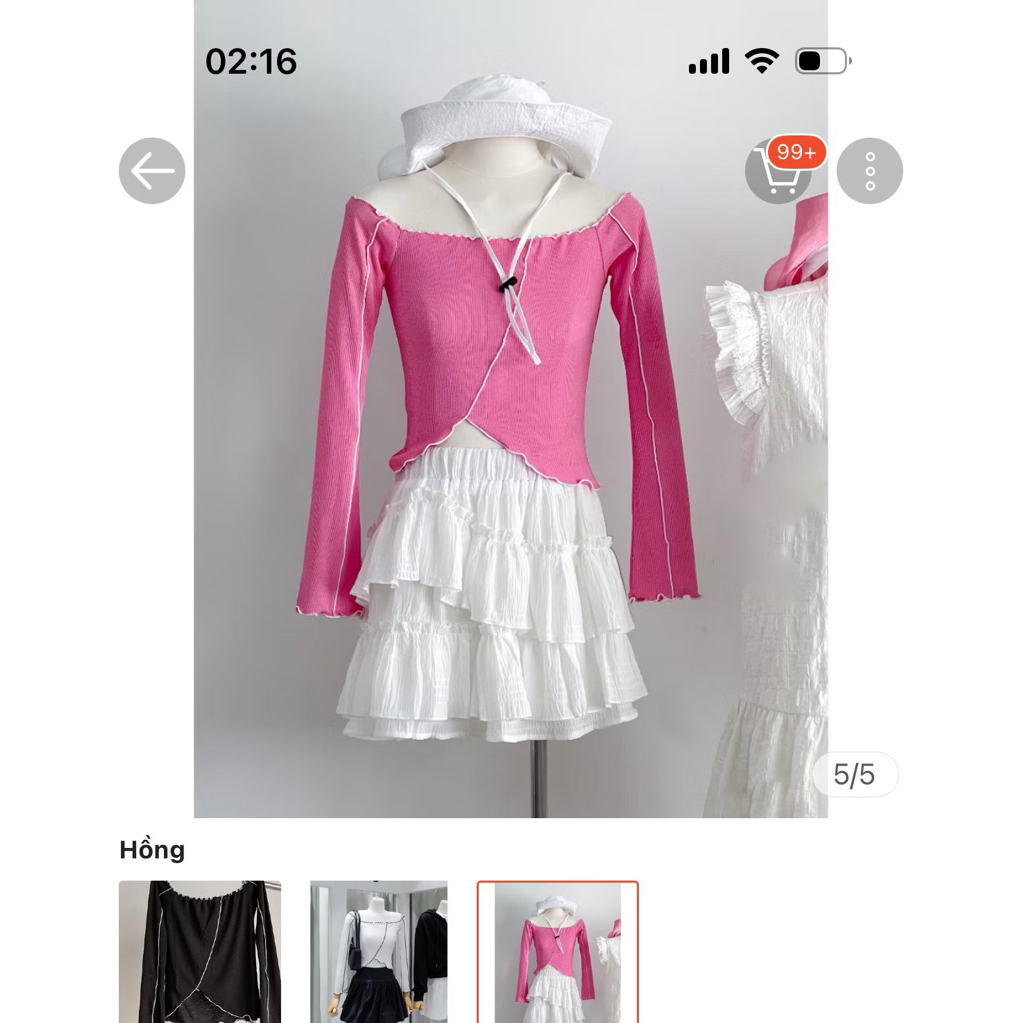 (Pass) Áo croptop trễ vai tay dài màu hồng Len Clothing