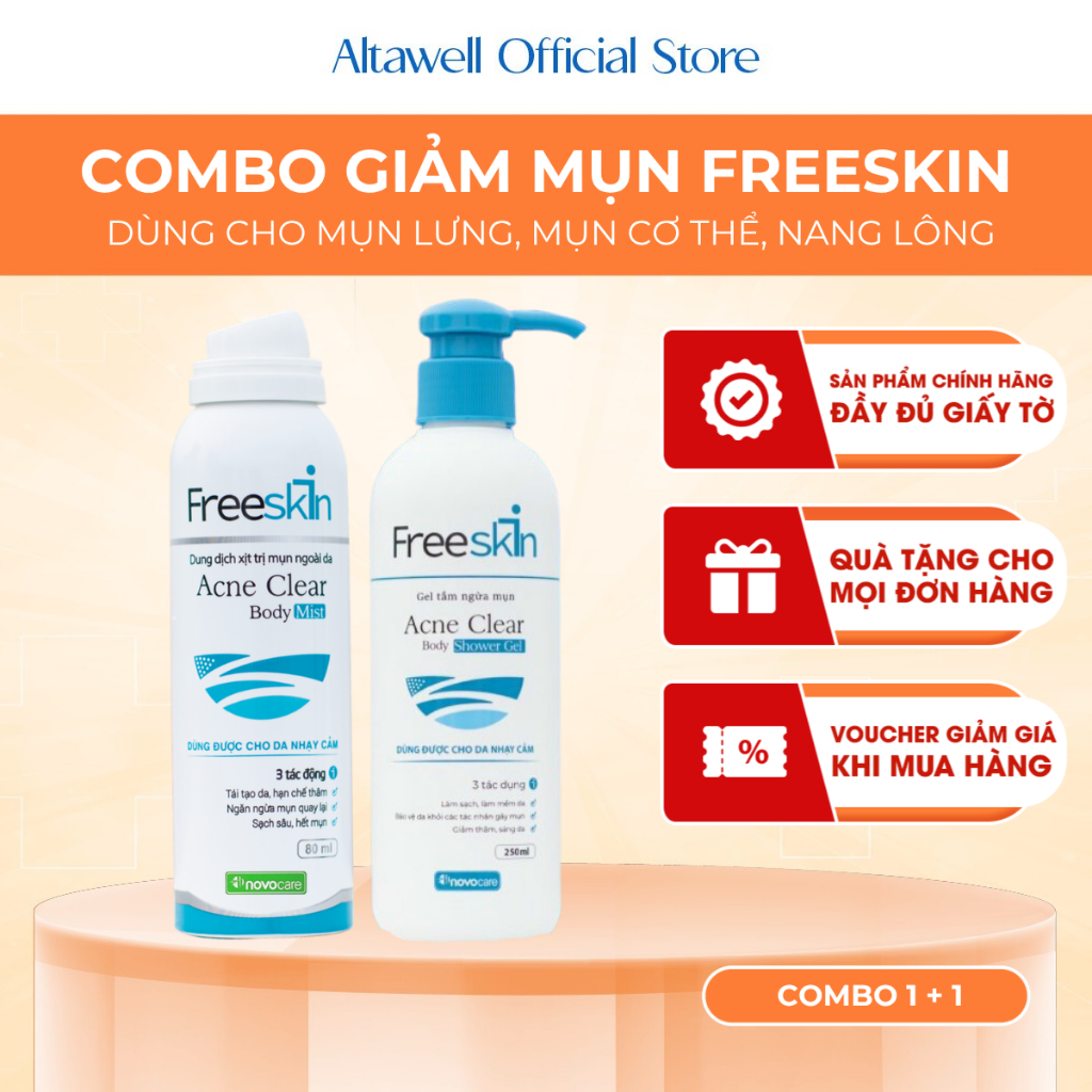 Combo Tắm + Xịt Mụn Cơ Thể Freeskin - Hỗ Trợ Làm Sạch, Ngừa Mụn, Mờ Thâm, Nang Lông