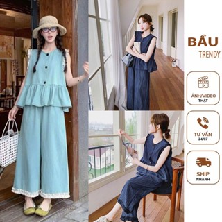 Set bộ đồ bầu TRENDY X358 thiết kế quần ống rộng phối viền bèo kèm áo dáng baby doll trẻ trung thời trang bầu xinh