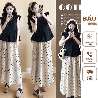  Set đầm váy bầu tiểu thư cực xinh thiết kế chân váy dáng dài kèm áo baby doll cộc tay viền bèo lên dáng cực xinh X360 