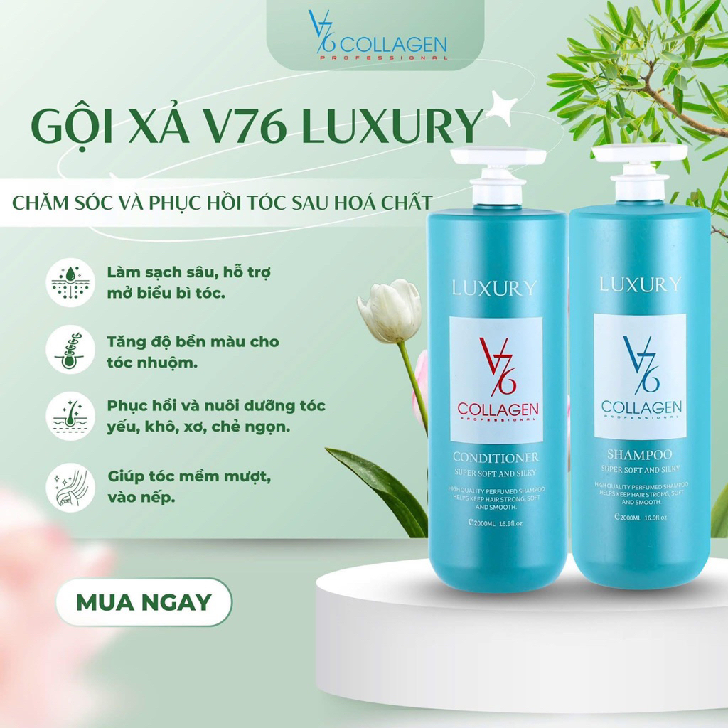 V76 Collagen Luxury - Bộ Gội Xả V76 Collagen Italy 2000ml Bảo Vệ Tóc Chắc Khỏe & Mềm Mượt Dành Cho T