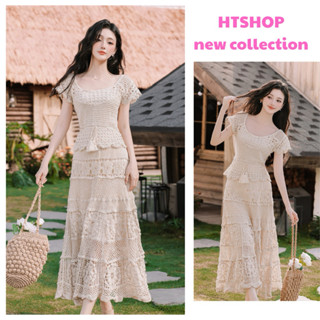 HTSHOP-Set bikini đi biển vintage len móc xinh xắn gồm áo cánh tiên và chân váy xoè QC