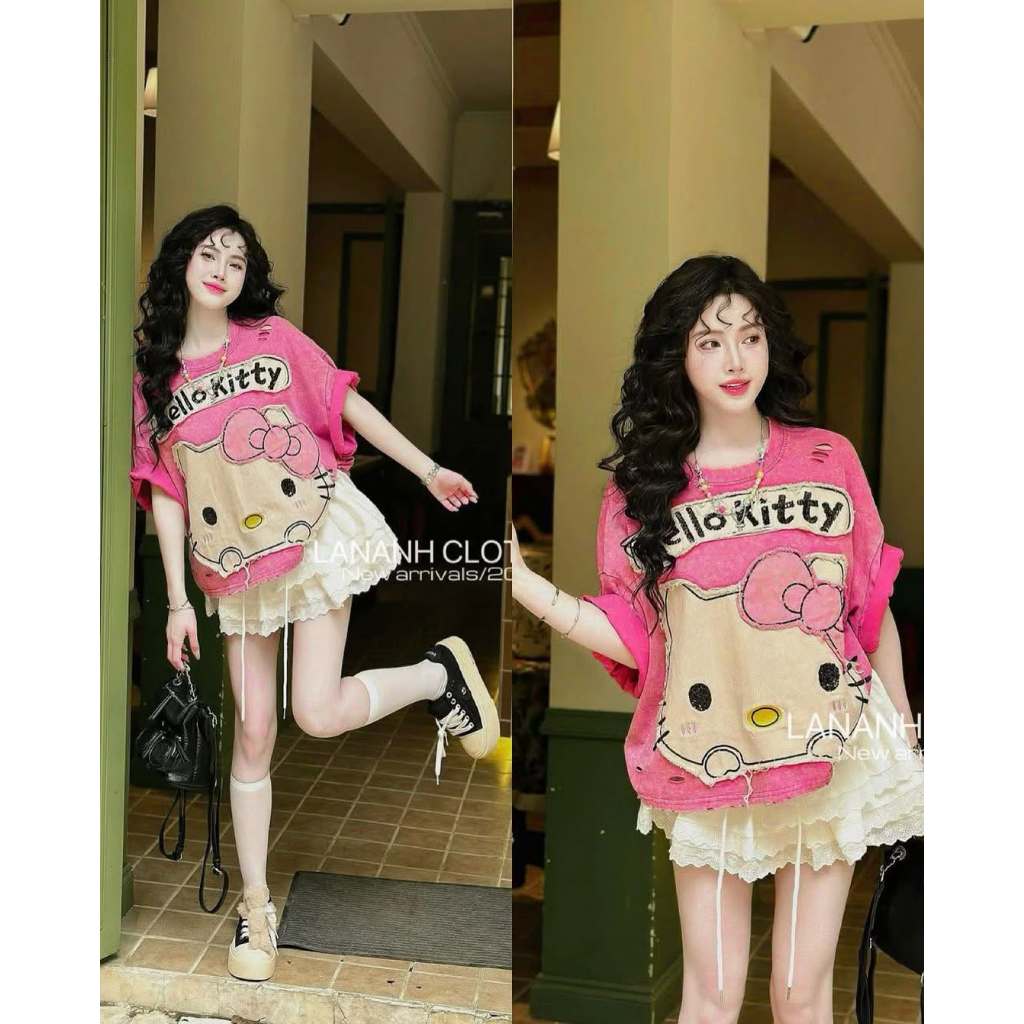 Sét áo váy Hello Kitty nữ màu hồng form rộng thêu phong cách dễ thương Hàn Quốc, set đồ nữ hottrend