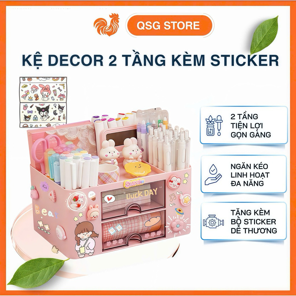 Kệ đựng bút Để Bàn 2 In 1 Trong Suốt Có Ngăn Kéo Tiện Lợi - Hộp Đựng Mỹ Phẩm 2 Tầng Kèm Sticker Dễ Thương 