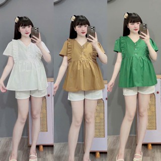 Áo bầu, áo babydoll, áo cộc tay chất thô mềm cổ V trẻ trung, 4 màu cho bầu mặc đi làm đi chơi