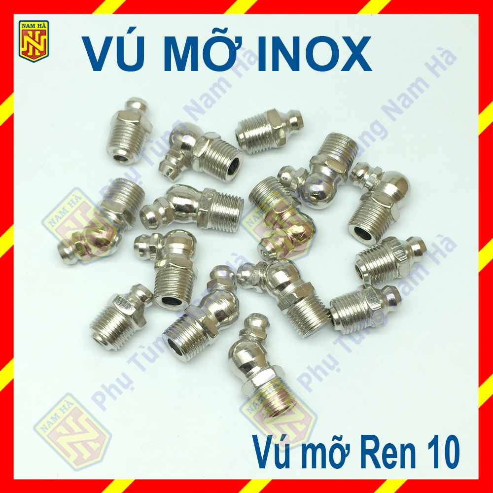 10 Cái - Vú bơm mỡ bò INOX ren M10 các loại, Vú bơm mỡ bò M10 cong 90,  Vú bơm mỡ bò M10 cong 45, Vú bơm mỡ bò M10 thẳng