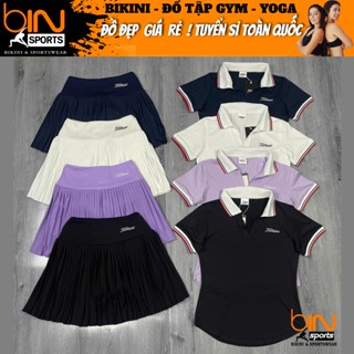 Set đồ nữ tập gym pickleball tennis cầu lông áo cổ trụ dệt, chân váy xếp ly có lót đùi bảo hộ cao cấp BINSPORTS BN127