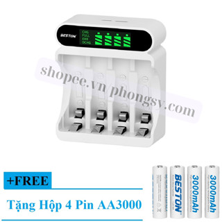Bộ sạc 4 khe hiển thị màn hình tự ngắt C9023L tặng kèm 4 pin AA3000 thương hiệu BESTON