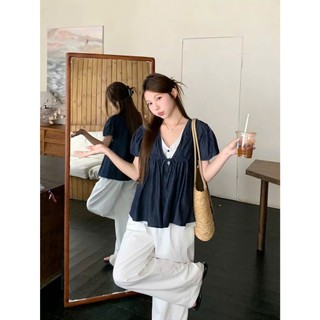    Bigsize 55-100kg  Áo babydoll nữ phong cách hàn quốc cổ V phổi trắng nổi bật 