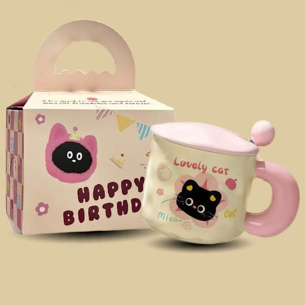 Quà tặng cốc sứ Ly sứ có nắp hình “Mèo sinh nhật” 400ml thích hợp làm quà tặng đi kèm có muỗng chất lượng cao cấp