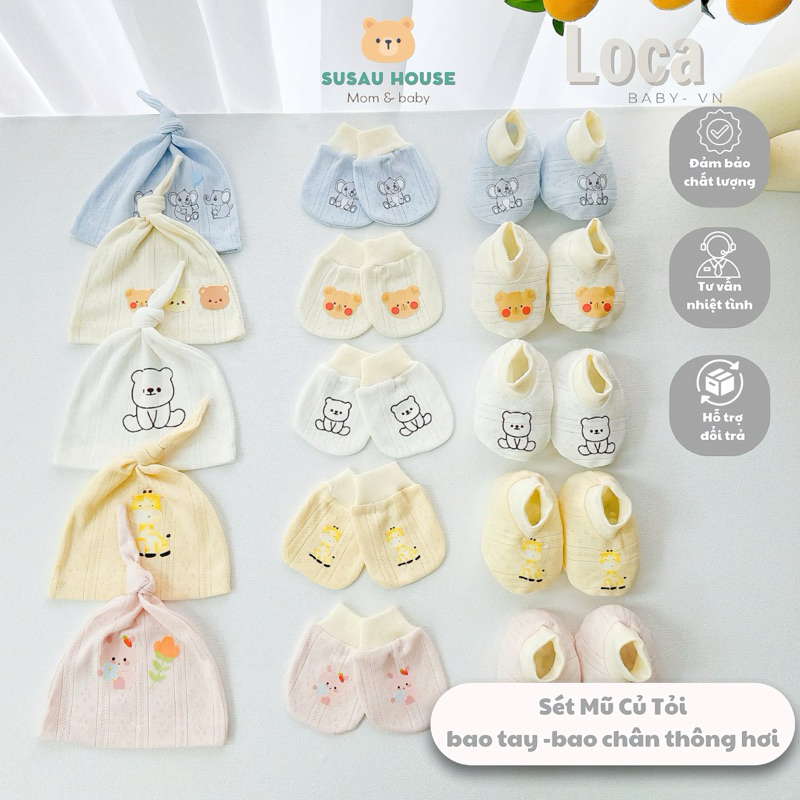 Sét Mũ Củ Tỏi + Bao Tay ,Bao Chân Cotton Thông Hơi LOCA baby cho bé sơ sinh