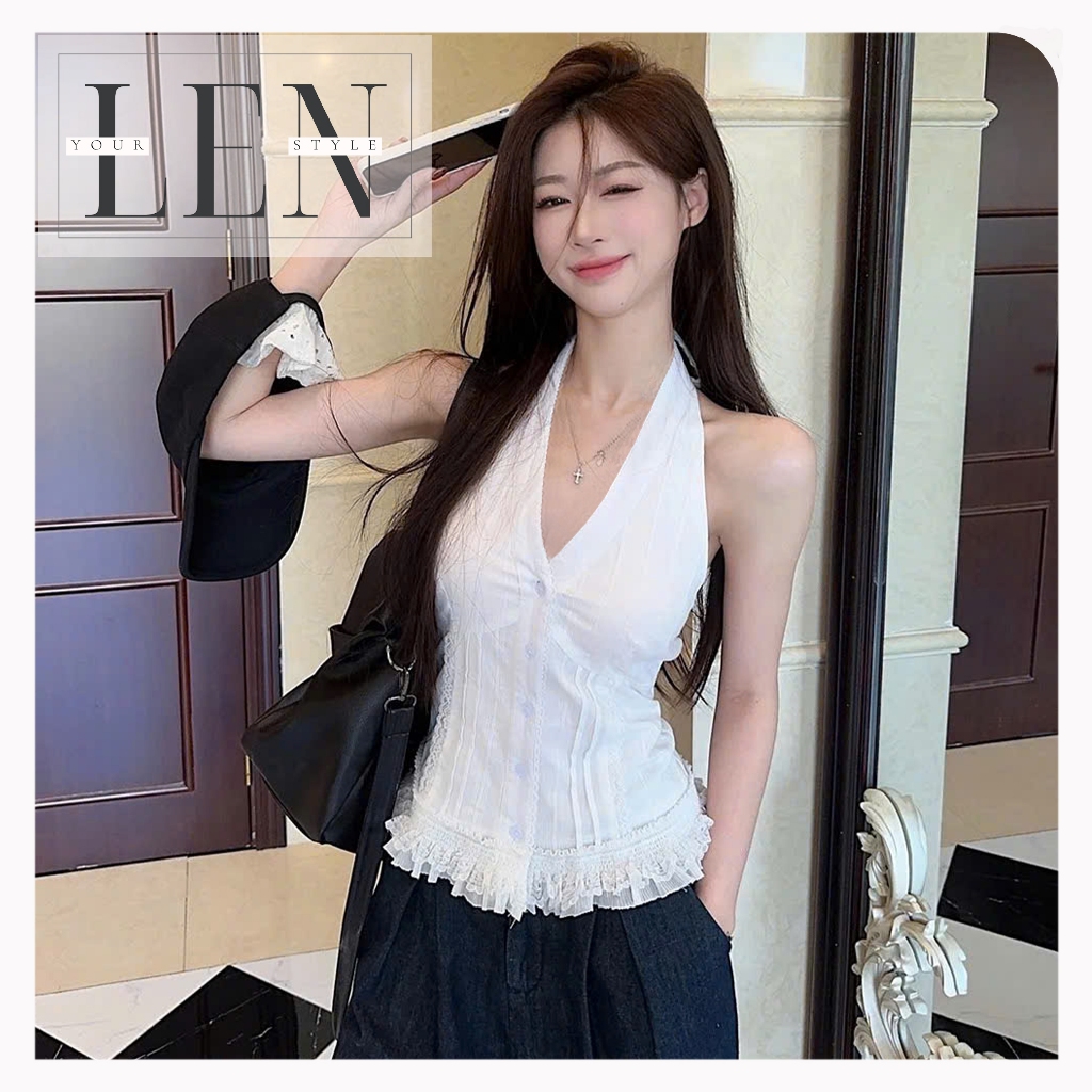 Áo yếm cột dây đi biển, áo kiểu nữ buộc dây cổ phối ren viền, áo kiểu đi biển