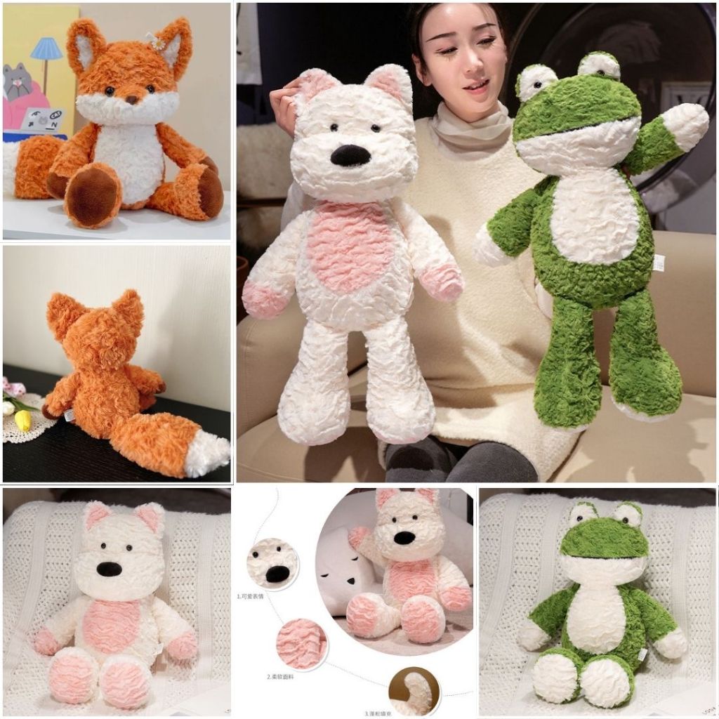 Gấu bông chạy bộ cáo cam chó ếch lông xù dễ thương, Gấu nhồi bông động vật lông cừu cao cấp món quà đáng yêu cho bé