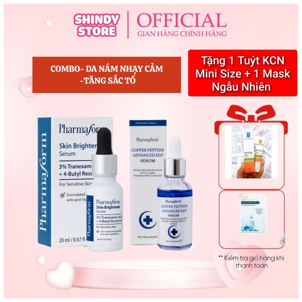 [ Tặng- 1 Chai SRM+ 2 Mặt Nạ ] Combo Serum Skin Brightener+ Serum Copper Peptide Pharmaform hỗ trợ phục hồi, giảm nám