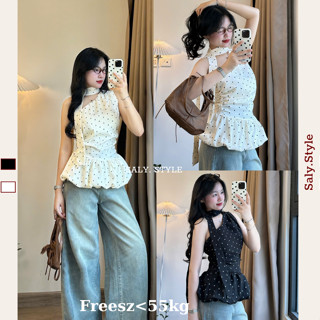 Áo lệch vai SALY phối dây cổ yếm dáng peplum chất thô đũi mềm mát phối đồ slay hottrend